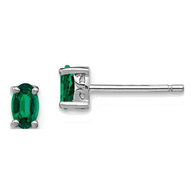 Sterling Silver Lab-Created Emerald Oval Stud Earrings