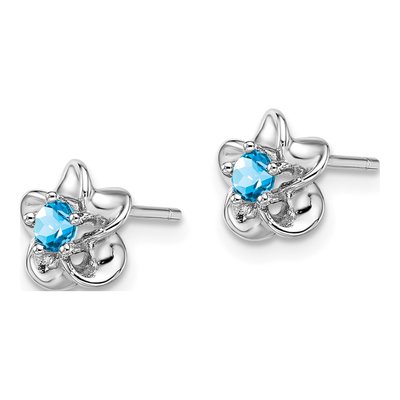 Sterling Silver 3mm Round Lab-Created Swiss Blue Topaz Floral Stud Earrings – view 3