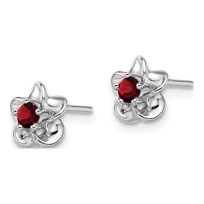 Sterling Silver 3mm Round Garnet Floral Stud Earrings – view 3
