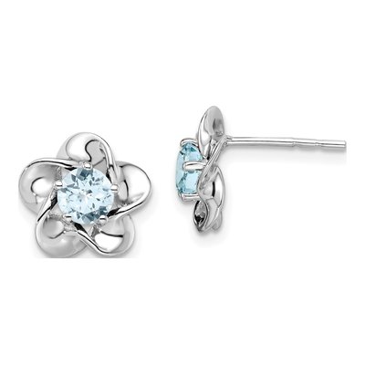 Sterling Silver 5.01mm Round Aquamarine Floral Stud Earrings