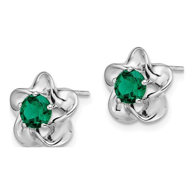 Sterling Silver 5.01mm Round Lab-Created Emerald Floral Stud Earrings – view 3