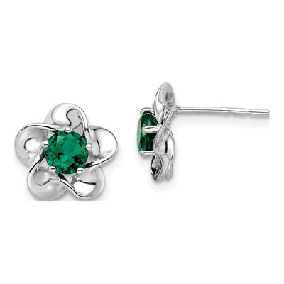Sterling Silver 5.01mm Round Lab-Created Emerald Floral Stud Earrings