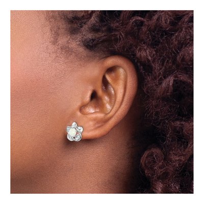 Sterling Silver 5.01mm Round Lab-Created Opal Floral Stud Earrings – view 4