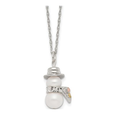 Sterling Silver Simulated Pearl Hills Snowman Pendant Necklace