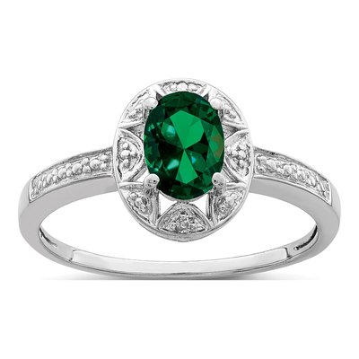 Sterling Silver Lab-Created Emerald & Diamond Ring