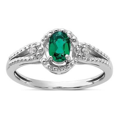 Sterling Silver Lab-Created Emerald & Diamond Ring
