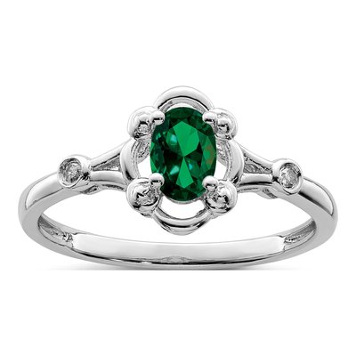 Sterling Silver Lab-Created Emerald & Diamond Girls' Ring