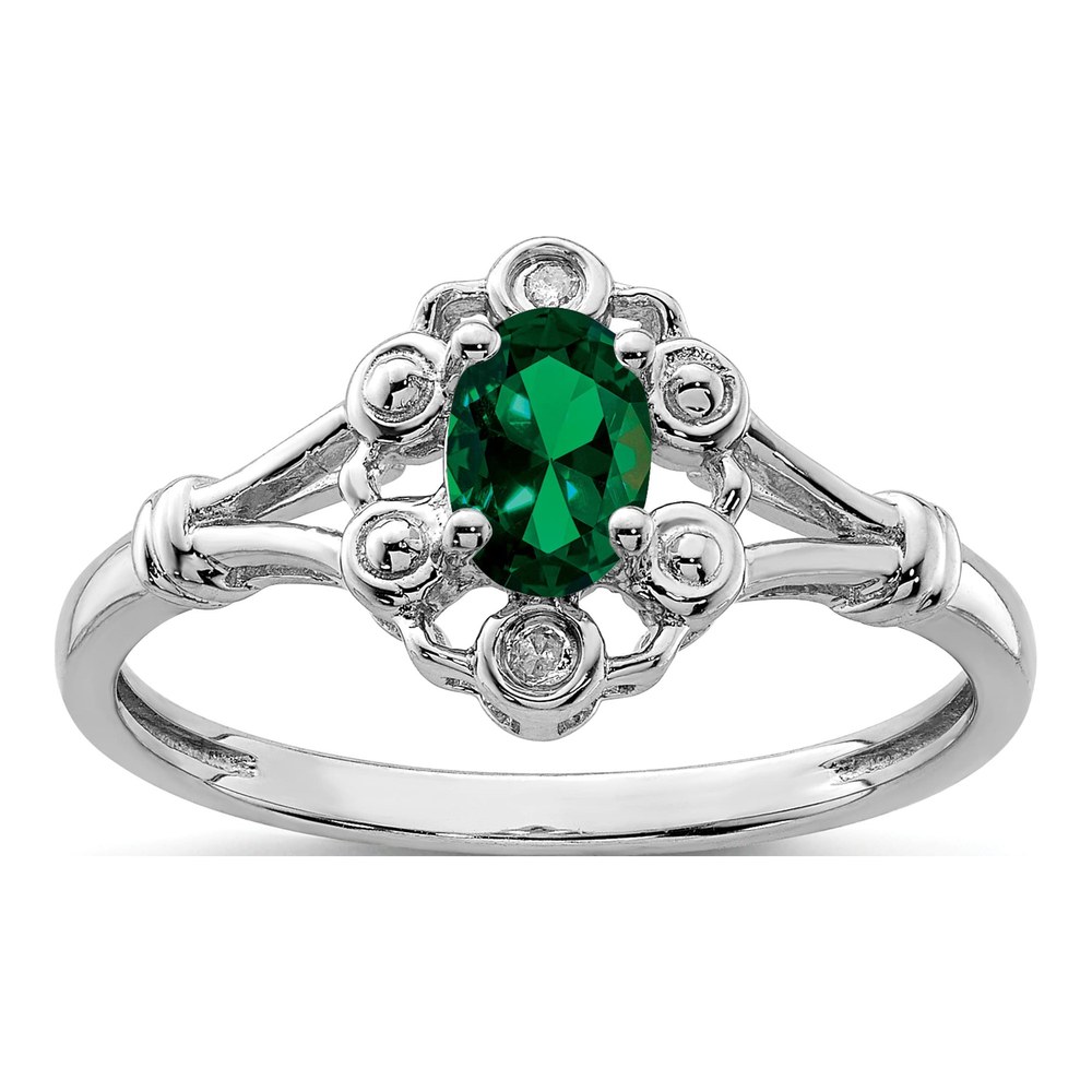 Sterling Silver Lab Emerald & Diamond Ring