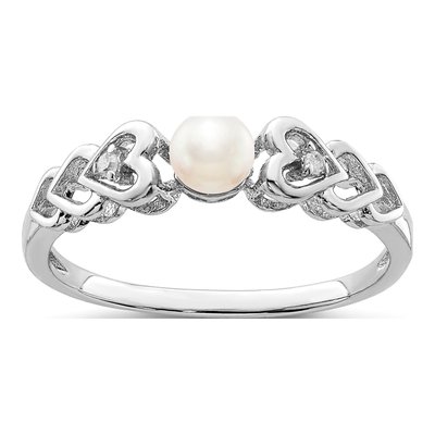 Sterling Silver Freshwater Cultured Pearl & Diamond Heart Ring