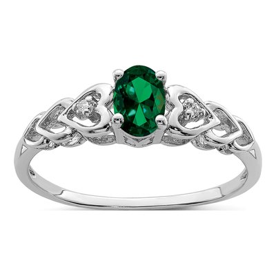 Sterling Silver Lab-Created Emerald & Diamond Heart Ring