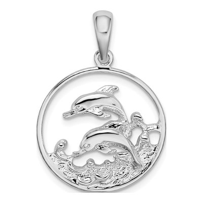 Sterling Silver Dolphins Swimming Oval Pendant