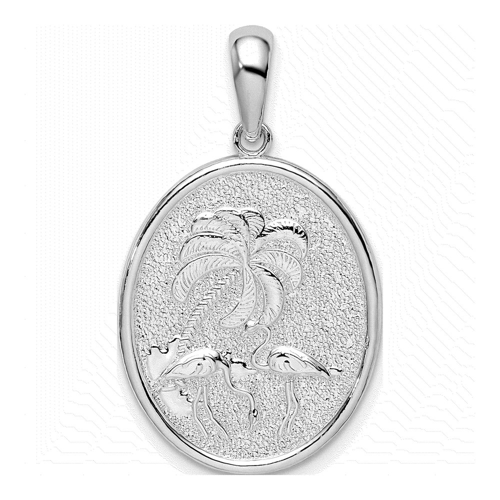 Sterling Silver Flamingo Palm Tree Oval Pendant