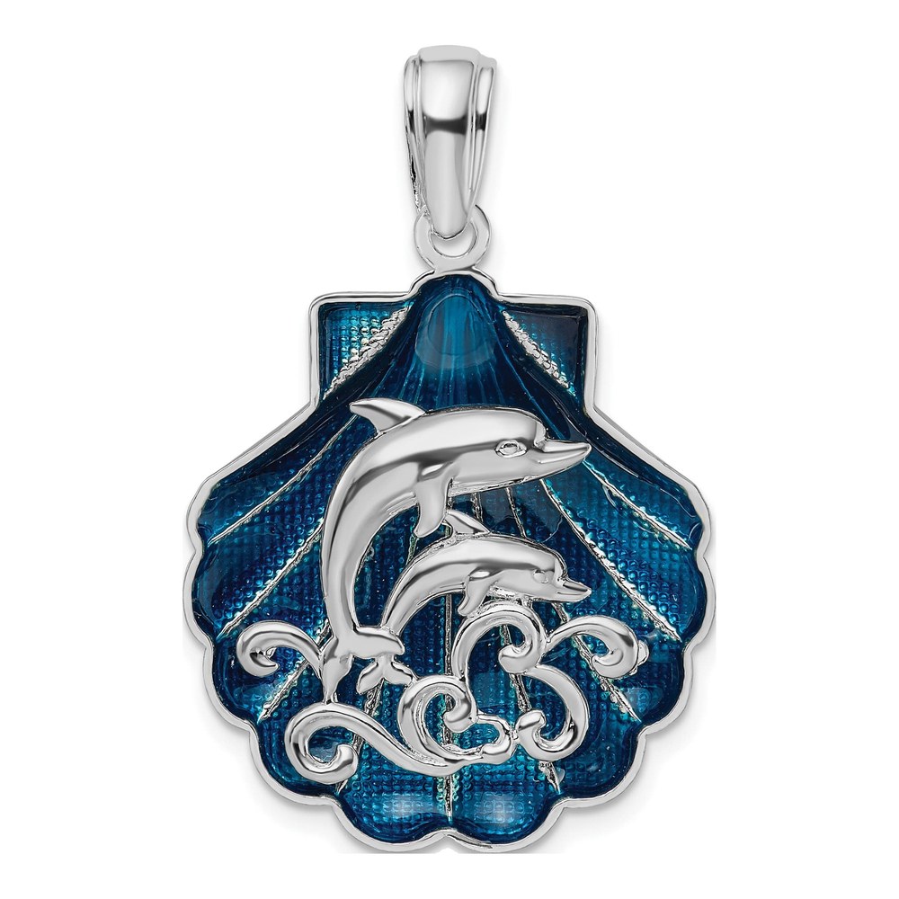 Sterling Silver Blue Enamel Shell Dolphins Pendant