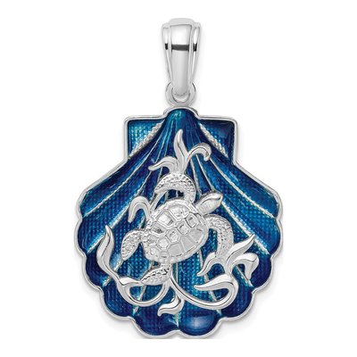 Sterling Silver Enameled Blue Shell Turtle Pendant