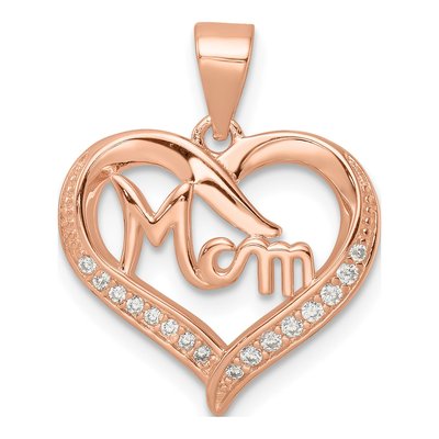Rose Gold-Plated Sterling Silver CZ Mom Heart Pendant