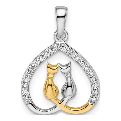 Gold-Plated Sterling Silver CZ Heart Two Cats Pendant