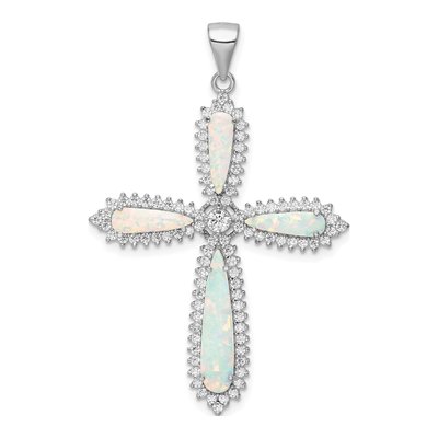 Sterling Silver Lab-Created Opal & CZ Cross Pendant