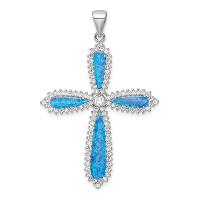 Sterling Silver Lab-Created Opal & CZ Cross Pendant