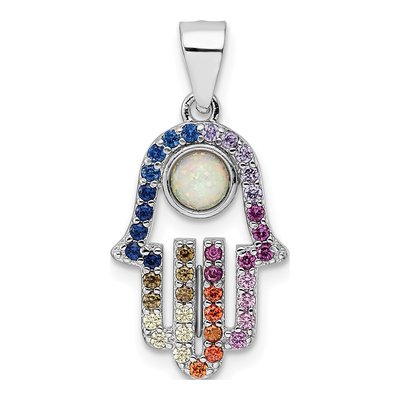 Sterling Silver Opal & CZ Multicolor Hamsa Pendant
