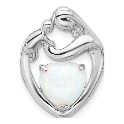 Sterling Silver Lab-Created Opal Mother Child Heart Slide Pendant