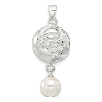 Sterling Silver Freshwater Cultured Pearl Textured Flower Pendant
