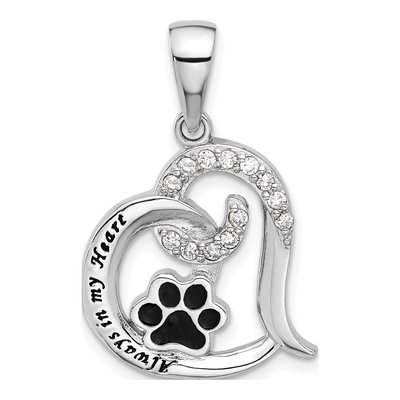 Sterling Silver CZ Paw Print Heart Pendant
