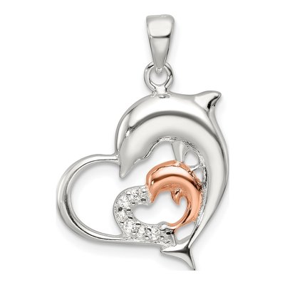 Sterling Silver CZ Dolphin Heart Pendant
