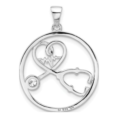 Sterling Silver CZ Stethoscope Heartbeat Pendant – view 4