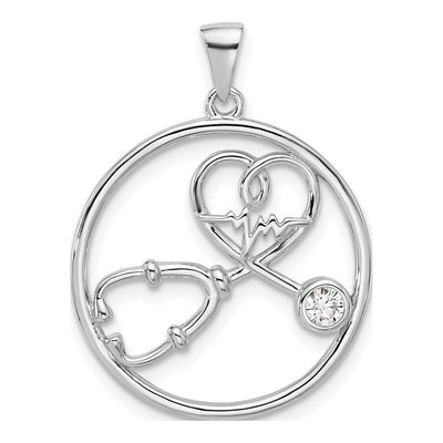 Sterling Silver CZ Stethoscope Heartbeat Pendant
