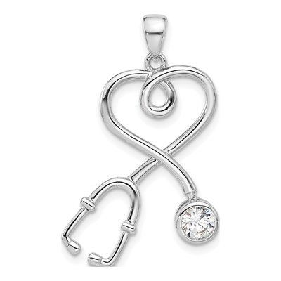 Sterling Silver CZ Stethoscope Heart Pendant