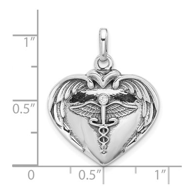Sterling Silver CZ Caduceus Heart Wings Pendant – view 5