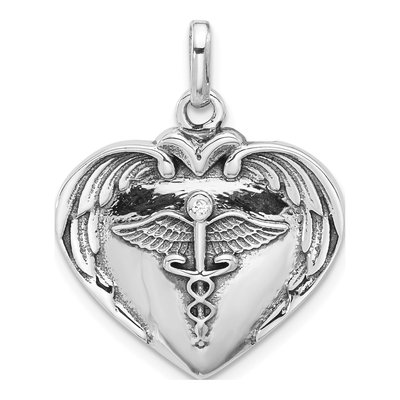 Sterling Silver CZ Caduceus Heart Wings Pendant