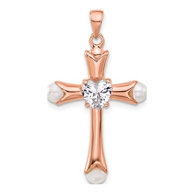 Rose Gold-Plated Sterling Silver CZ Heart Cross Pendant