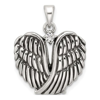 Sterling Silver CZ Angel Wing Heart Pendant