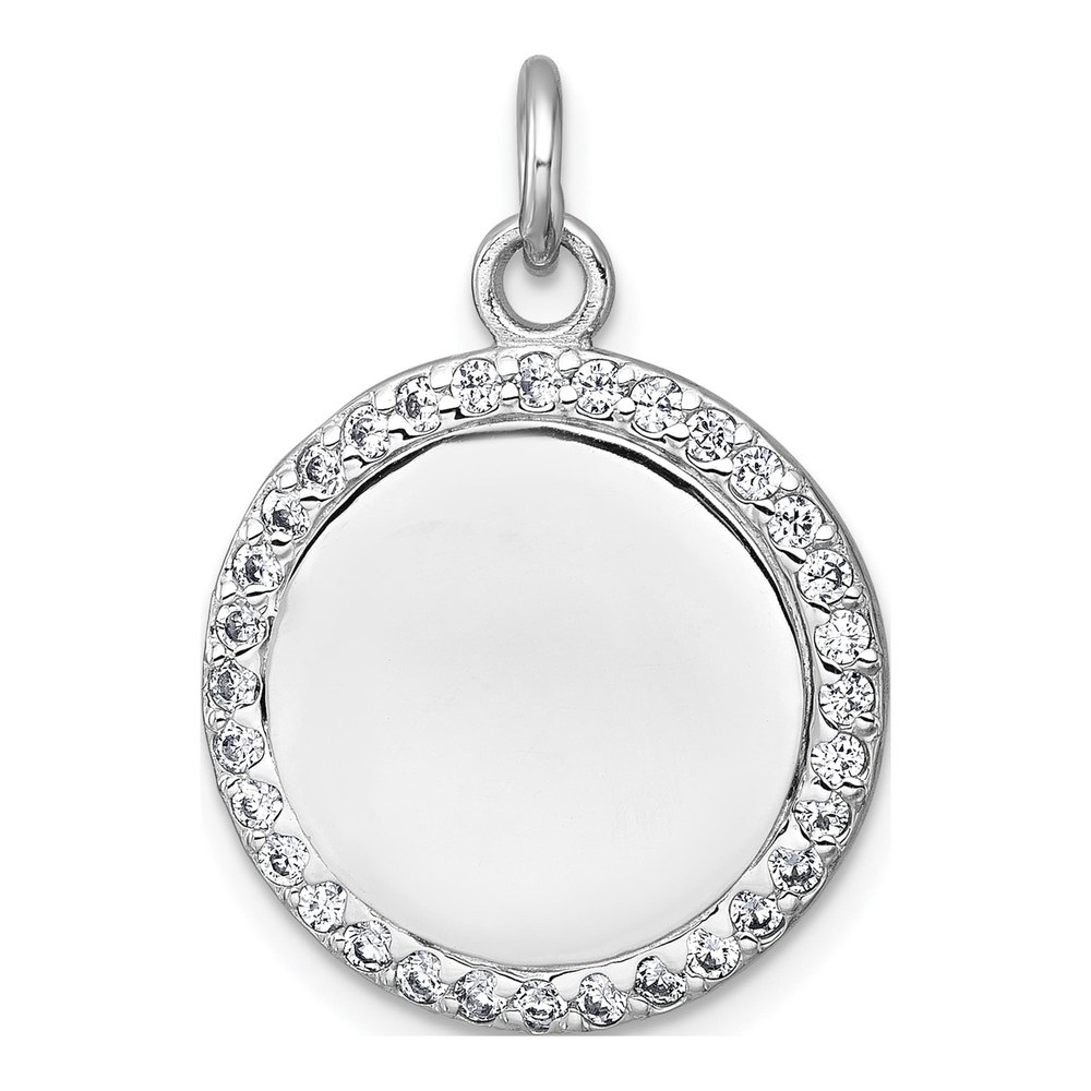 Sterling Silver Rhodium-Plated Polished Cz Engraveable Circle Pendant