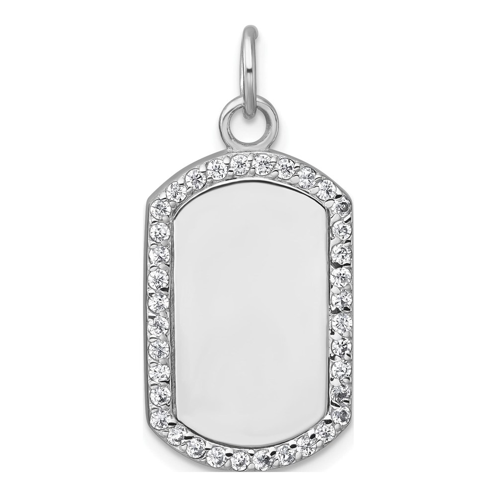 Sterling Silver Rhodium-Plated Polished Cz Engraveable Dog Tag Pendant