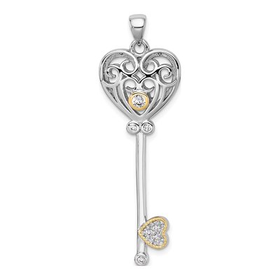 Sterling Silver & 14K Gold CZ Filigree Heart Key Pendant