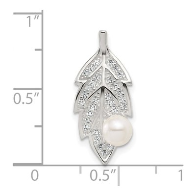 Sterling Silver Simulated Pearl & CZ Leaf Slide Pendant – view 4