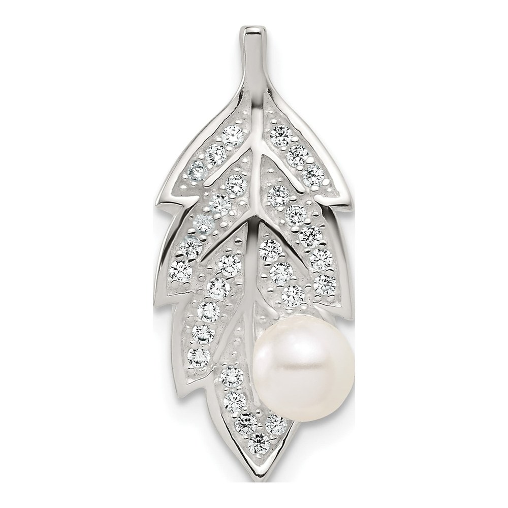 Sterling Silver Polished Cz And Acrylic Pearl On Leaf Chain Slide Pendant