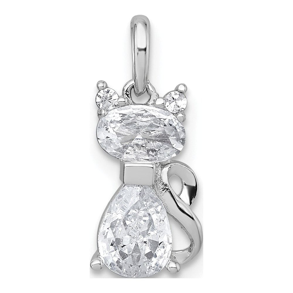 Sterling Silver Rhodium-Plated White Cz Cat Pendant