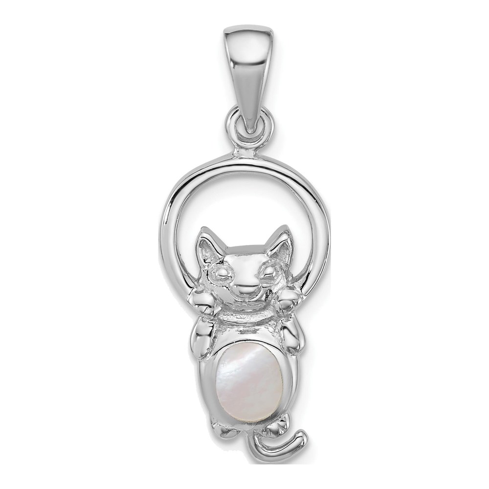 Sterling Silver Rhodium-Plated Polished Mother Of Pearl Cat Hanging On Ring Pendant
