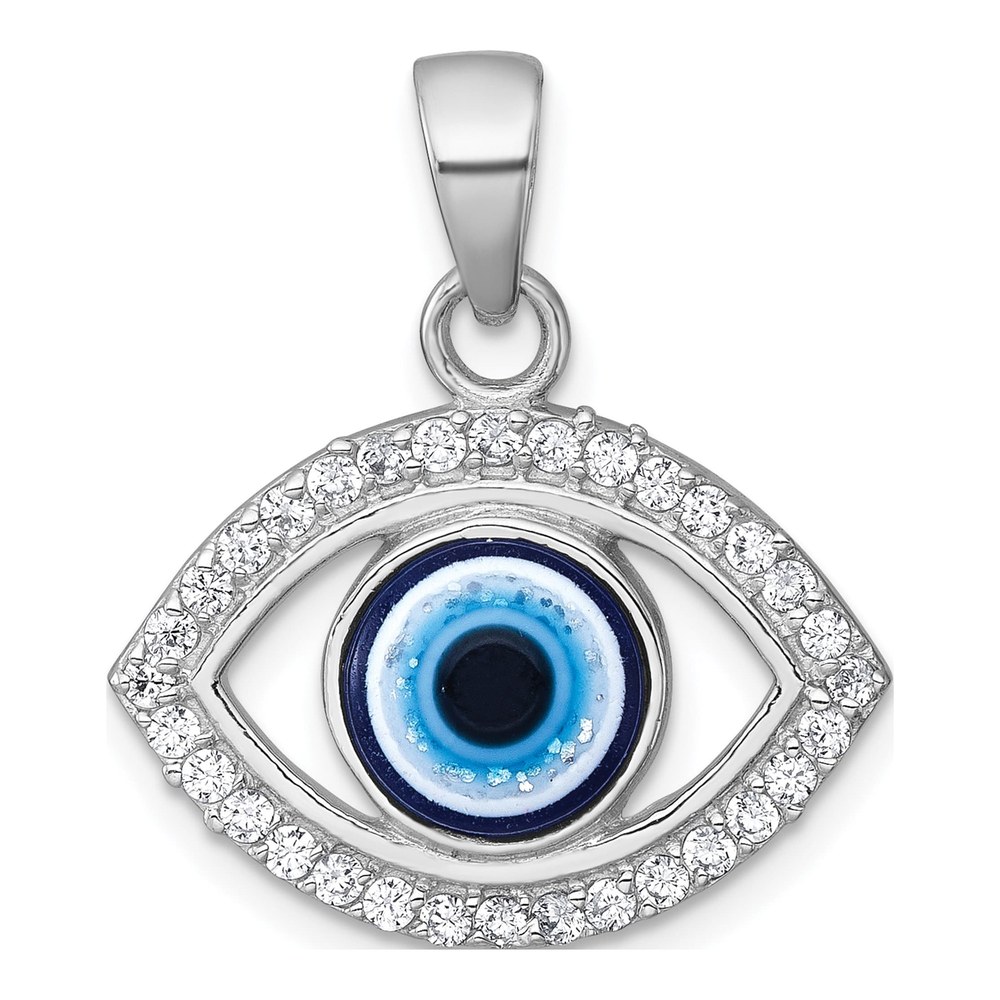 Sterling Silver Rhodium-Plated Polished Cz And Glass Stone Evil Eye Pendant