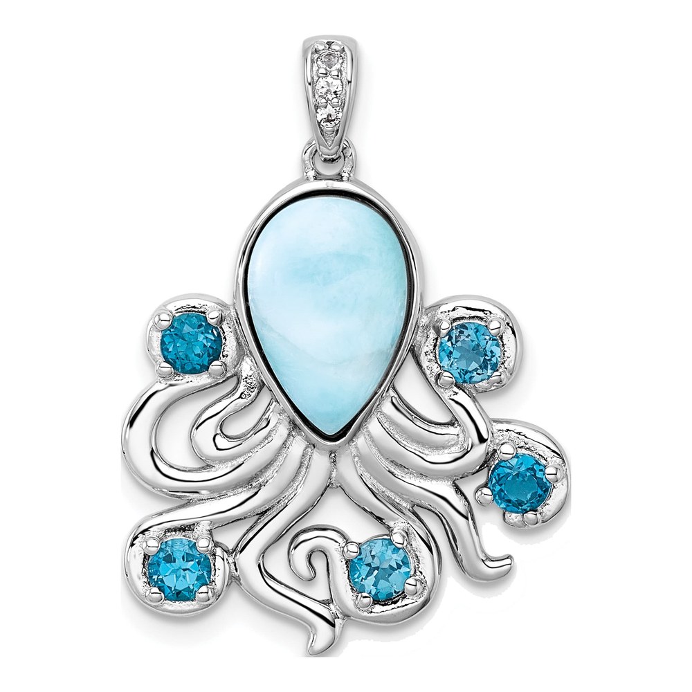 Sterling Silver Rhodium-Plated Polished Larimar, White And Blue Topaz Octopus Pendant