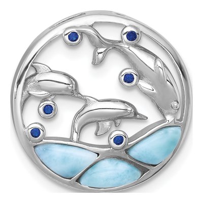 Sterling Silver CZ Larimar Dolphins Slide Pendant