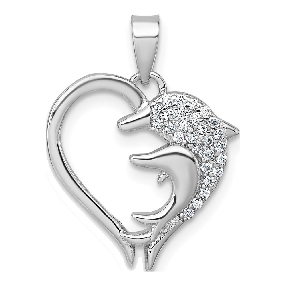 Sterling Silver Rhodium-Plated Polished Cz Dolphins Heart Pendant