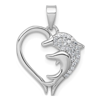 Sterling Silver CZ Dolphins Heart Pendant