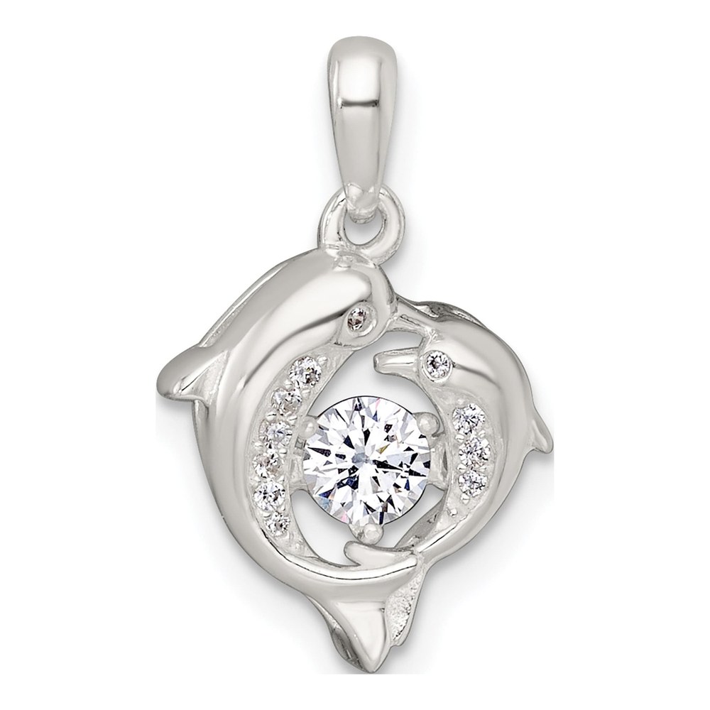 Sterling Silver Polished Vibrant Moving Cz 2-Dolphin Pendant