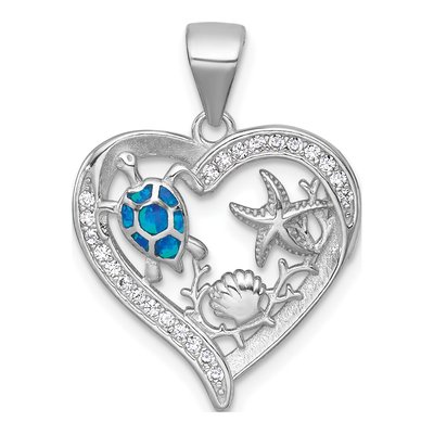 Sterling Silver Lab-Created Opal & CZ Sealife Heart Pendant