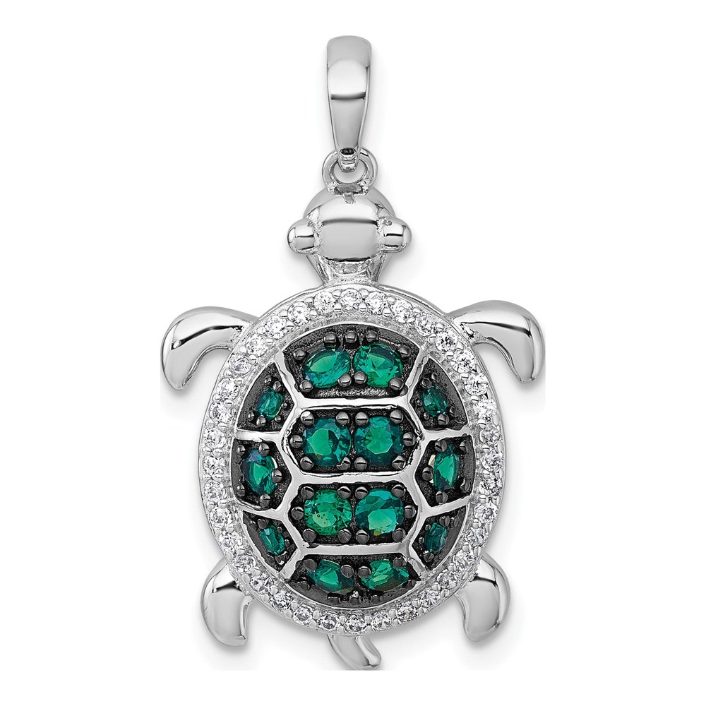 Sterling Silver White And Black Rhodium-Plated White And Green Cz Turtle Pendant