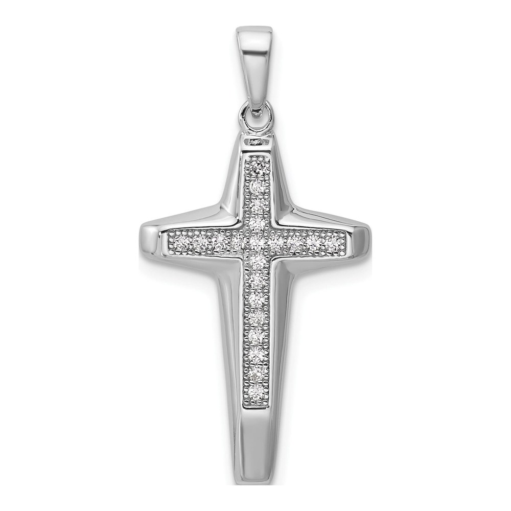 Sterling Silver Rhodium-Plated Cz Polished Cross Pendant